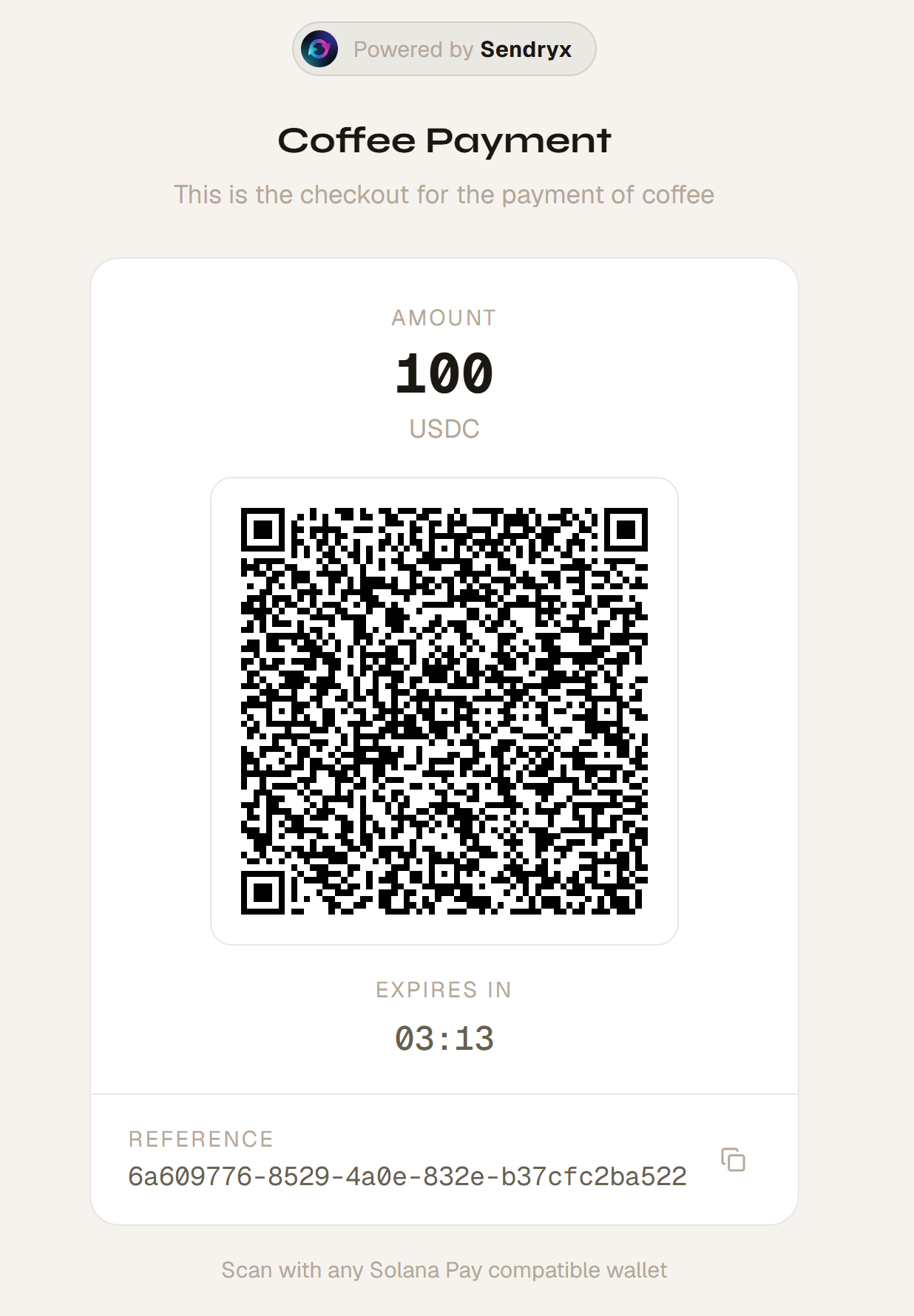Sendryx hosted checkout — QR code payment page